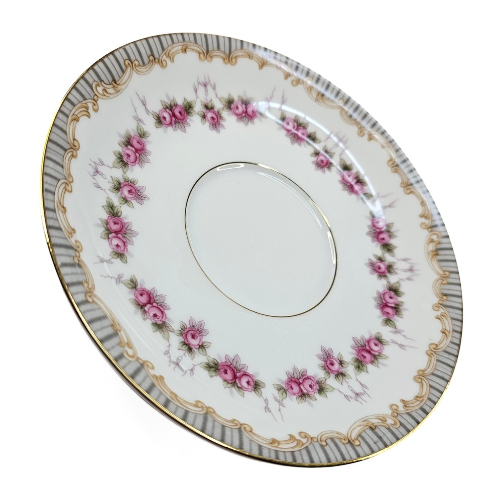Vintage Noritake China Ridgewood Saucer,‎ Pink Rose Garland, Gold Accent